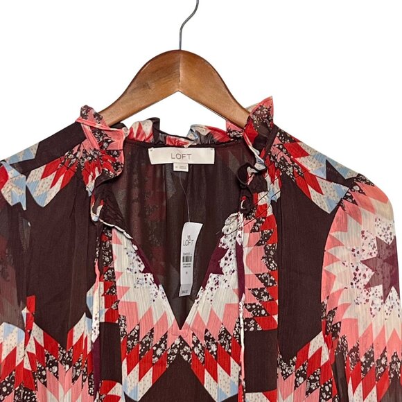 NWT Western Aztec Brown Country Rustic High Neck Top Ruffle Flowy Loose Medium - Picture 2 of 10